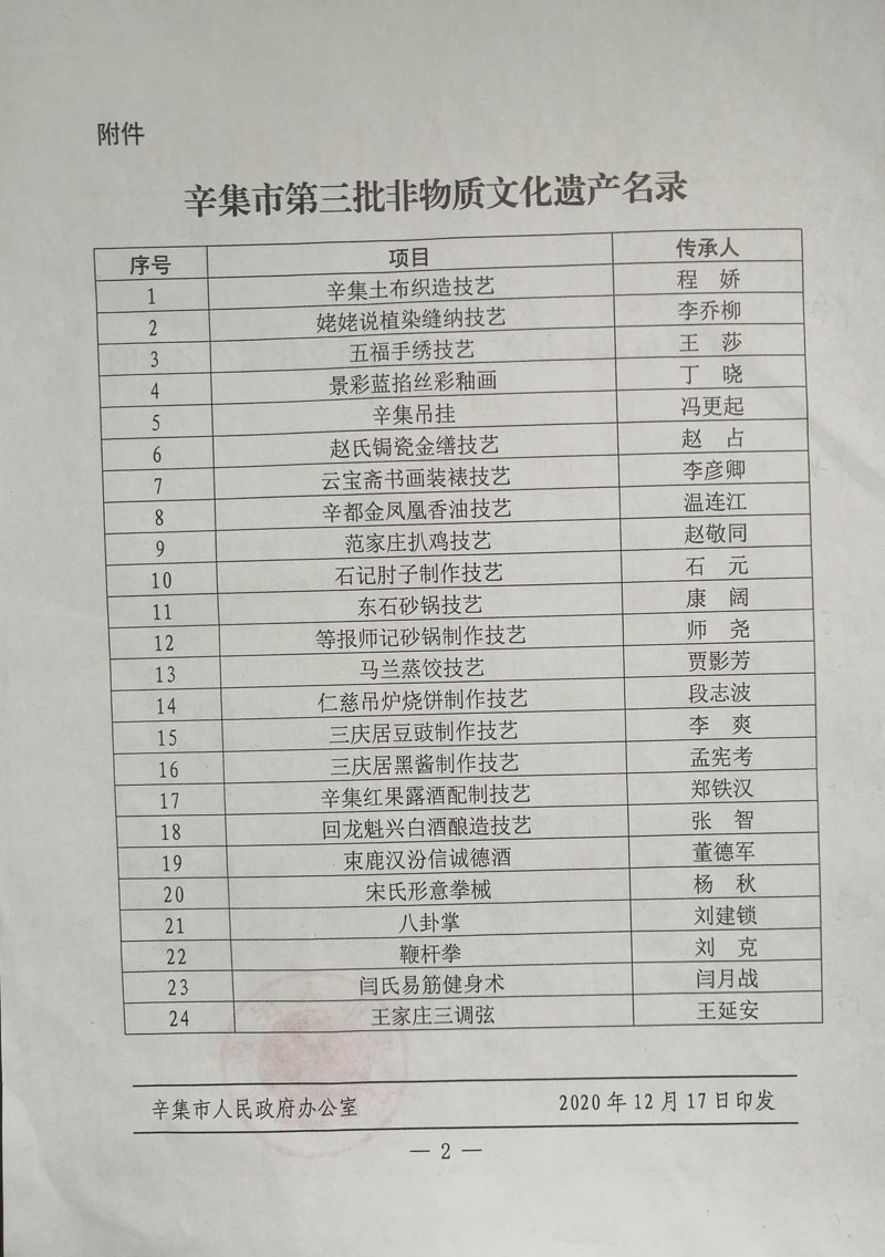 辛集市人民政府關(guān)于公布辛集市非物質(zhì)文化遺產(chǎn)名錄的通知